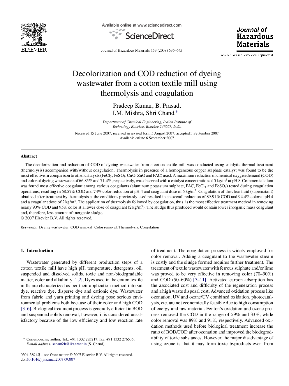 Decolorization and COD reduction of dyeing wastewater from a cotton textile mill using thermolysis and coagulation