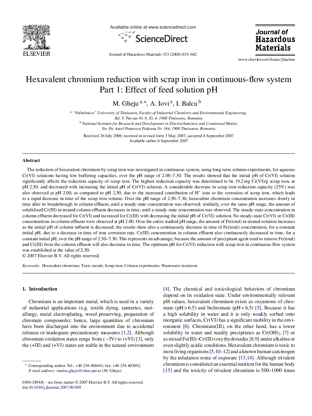 Hexavalent chromium reduction with scrap iron in continuous-flow system