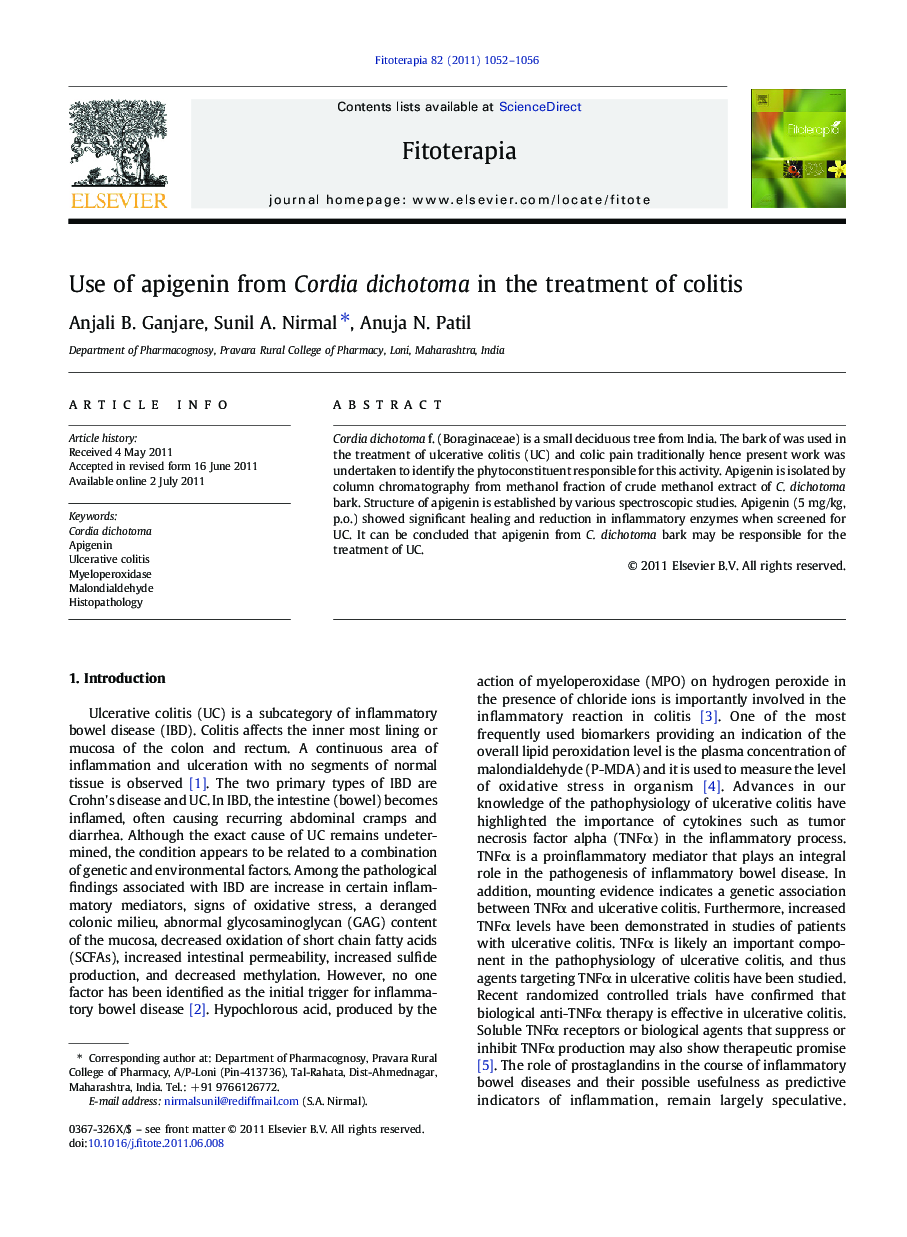 Use of apigenin from Cordia dichotoma in the treatment of colitis