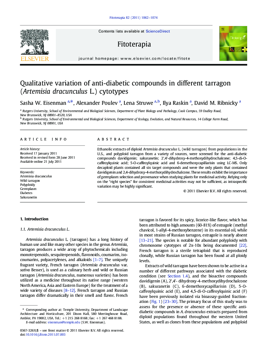 Qualitative variation of anti-diabetic compounds in different tarragon (Artemisia dracunculus L.) cytotypes