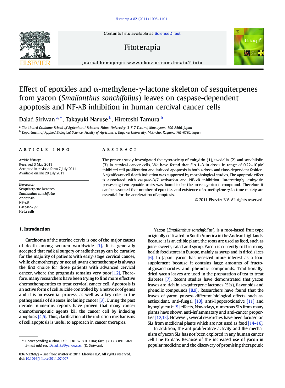 Effect of epoxides and Î±-methylene-Î³-lactone skeleton of sesquiterpenes from yacon (Smallanthus sonchifolius) leaves on caspase-dependent apoptosis and NF-ÎºB inhibition in human cercival cancer cells