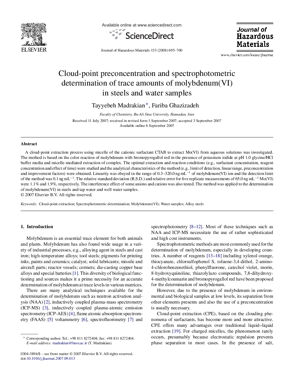 Cloud-point preconcentration and spectrophotometric determination of trace amounts of molybdenum(VI) in steels and water samples