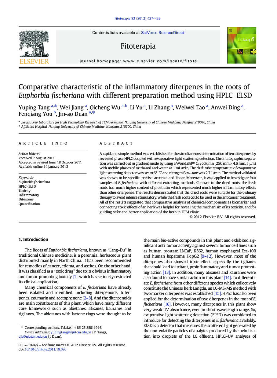 Comparative characteristic of the inflammatory diterpenes in the roots of Euphorbia fischeriana with different preparation method using HPLC-ELSD