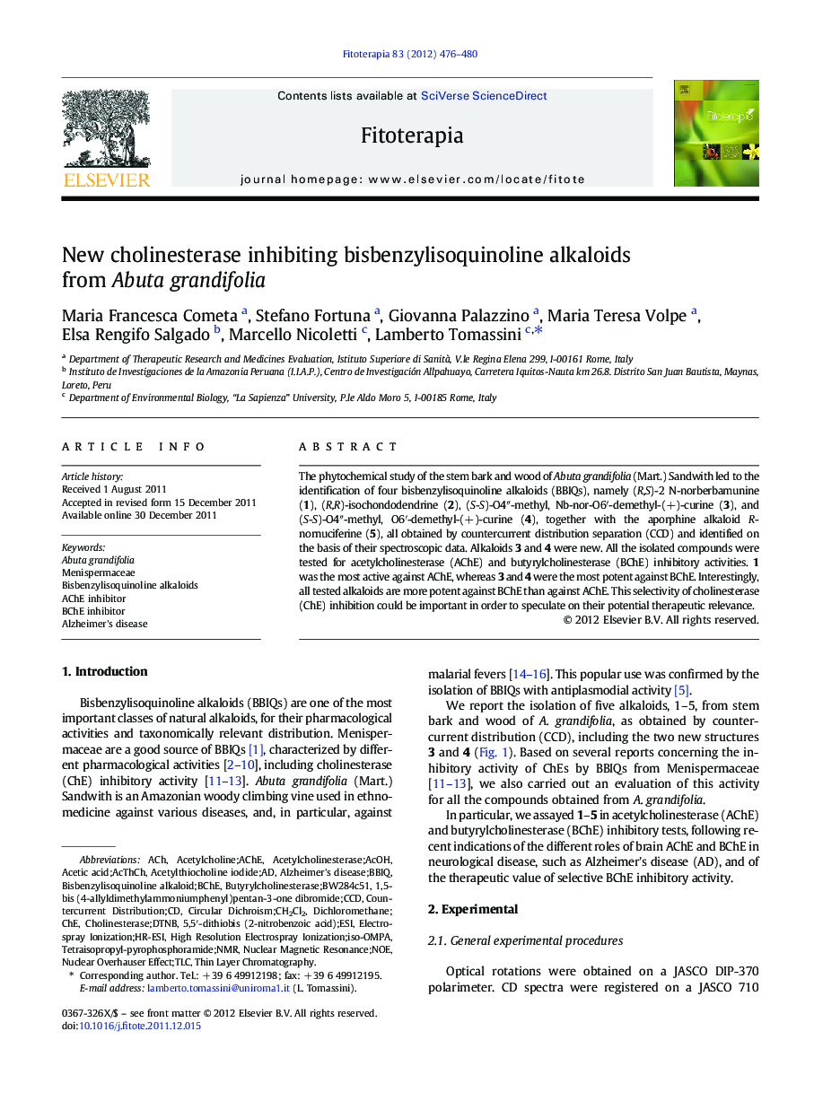 New cholinesterase inhibiting bisbenzylisoquinoline alkaloids from Abuta grandifolia