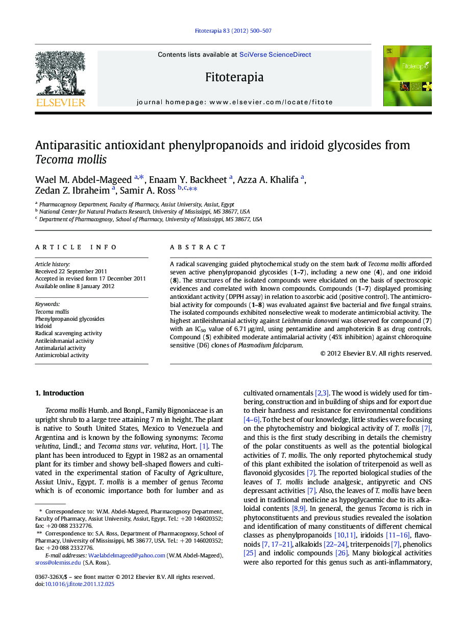 Antiparasitic antioxidant phenylpropanoids and iridoid glycosides from Tecoma mollis