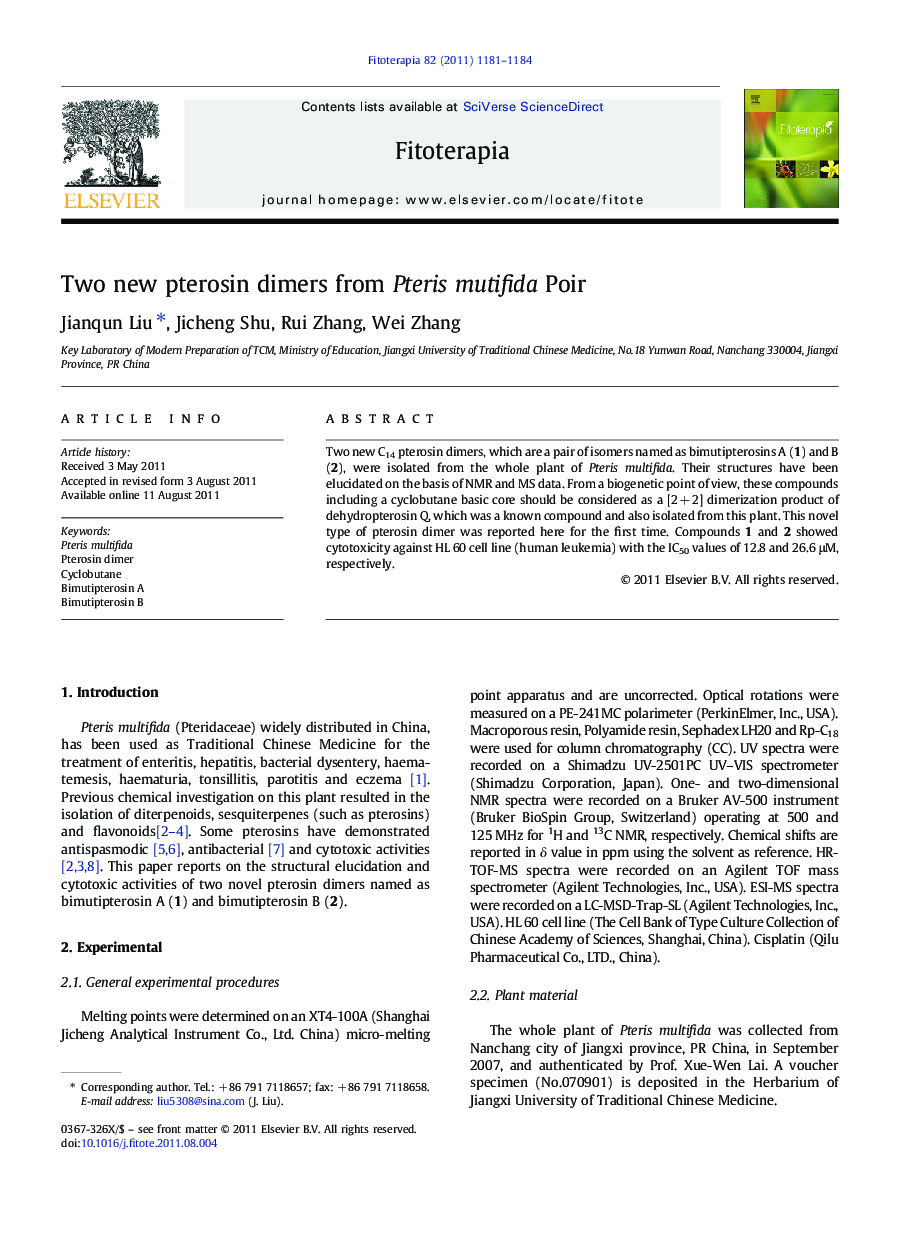 Two new pterosin dimers from Pteris mutifida Poir