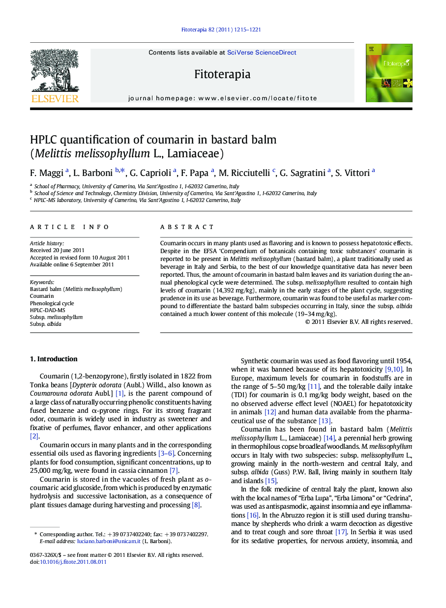 HPLC quantification of coumarin in bastard balm (Melittis melissophyllum L., Lamiaceae)