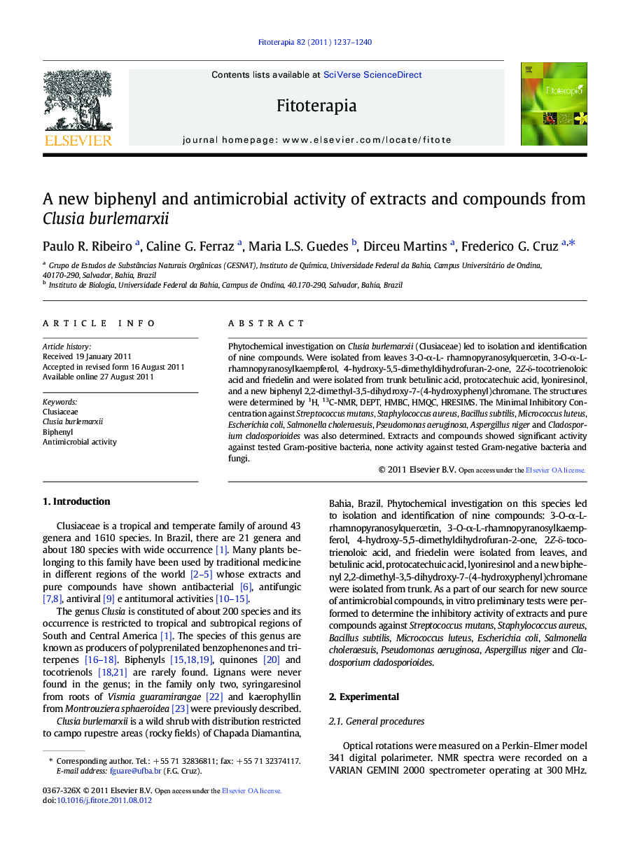 A new biphenyl and antimicrobial activity of extracts and compounds from Clusia burlemarxii