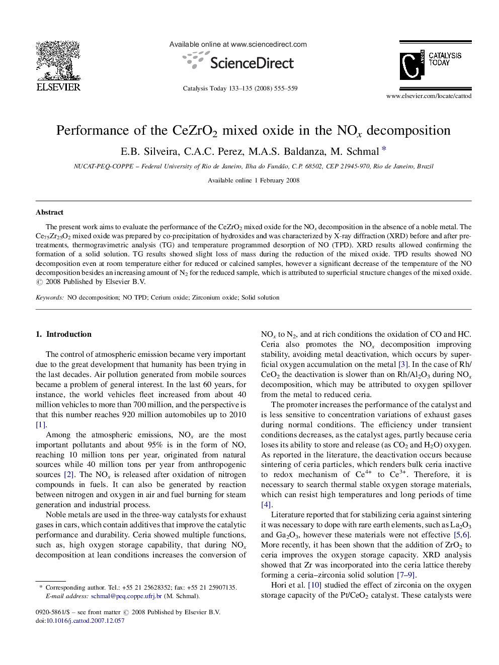 Performance of the CeZrO2 mixed oxide in the NOx decomposition