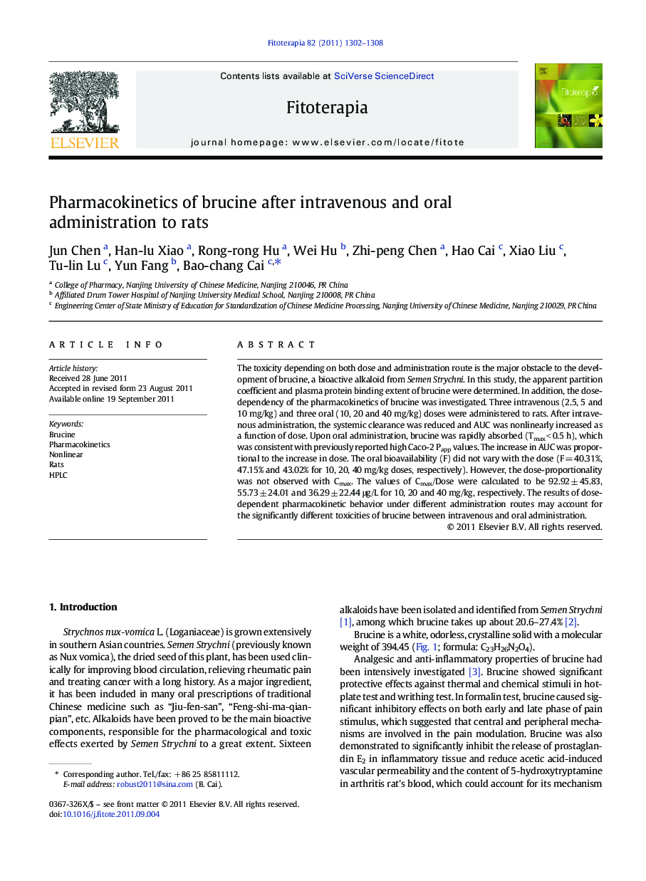 Pharmacokinetics of brucine after intravenous and oral administration to rats