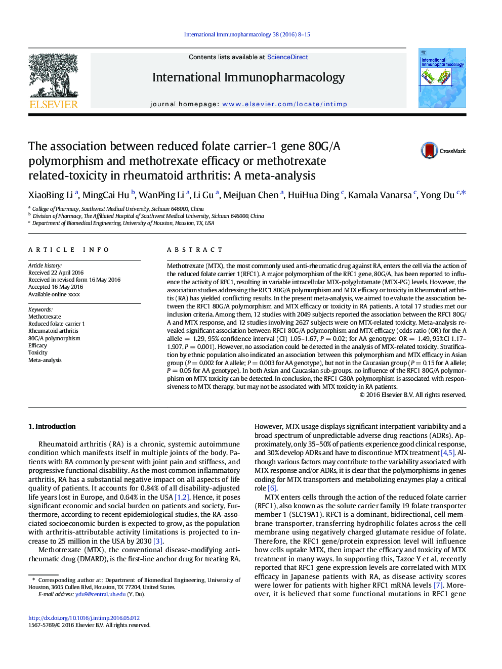 The association between reduced folate carrier-1 gene 80G/A polymorphism and methotrexate efficacy or methotrexate related-toxicity in rheumatoid arthritis: A meta-analysis