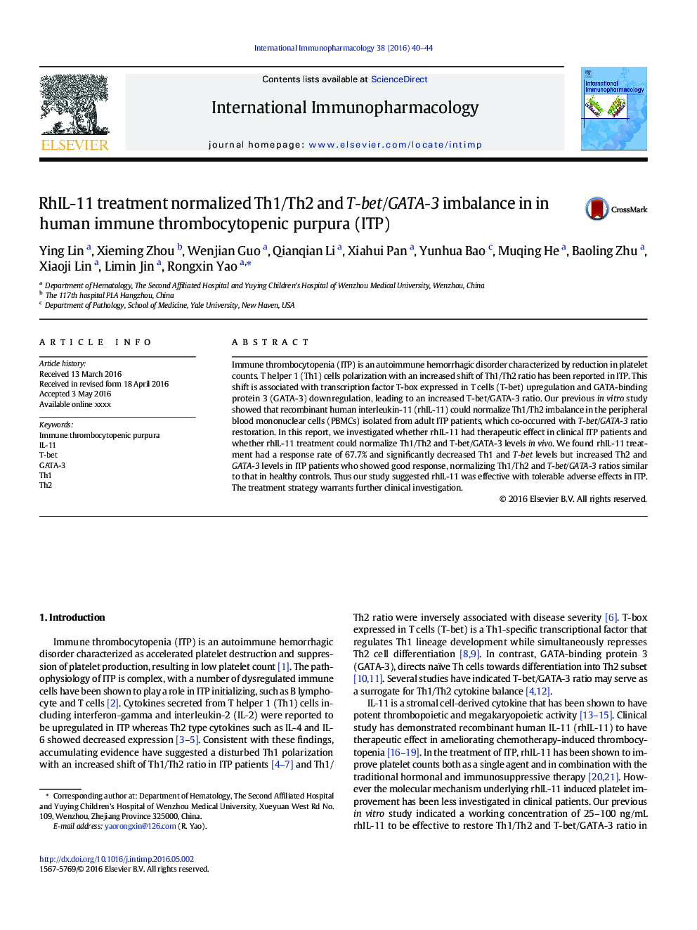 RhIL-11 treatment normalized Th1/Th2 and T-bet/GATA-3 imbalance in in human immune thrombocytopenic purpura (ITP)