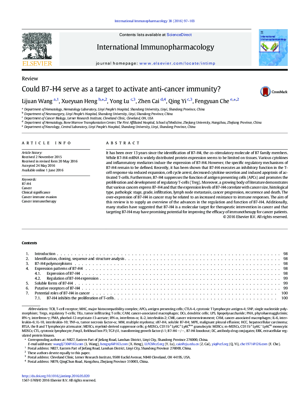 ReviewCould B7-H4 serve as a target to activate anti-cancer immunity?