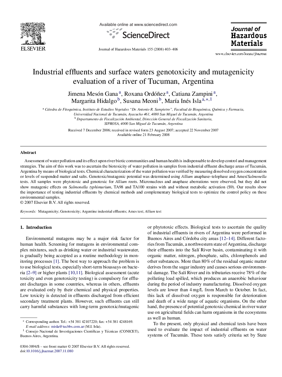 Industrial effluents and surface waters genotoxicity and mutagenicity evaluation of a river of Tucuman, Argentina