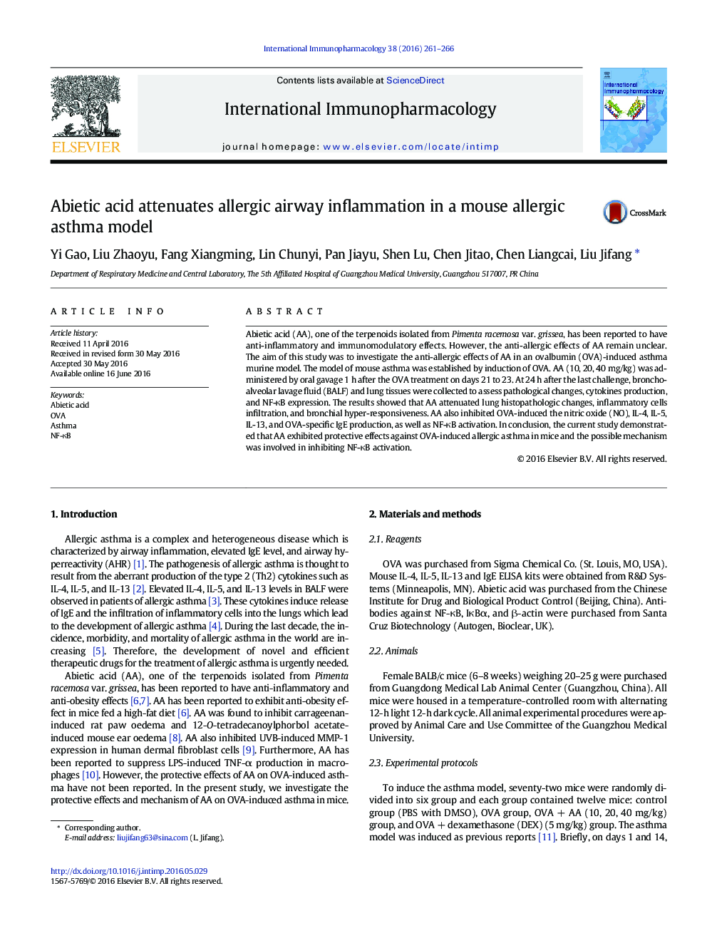 Abietic acid attenuates allergic airway inflammation in a mouse allergic asthma model