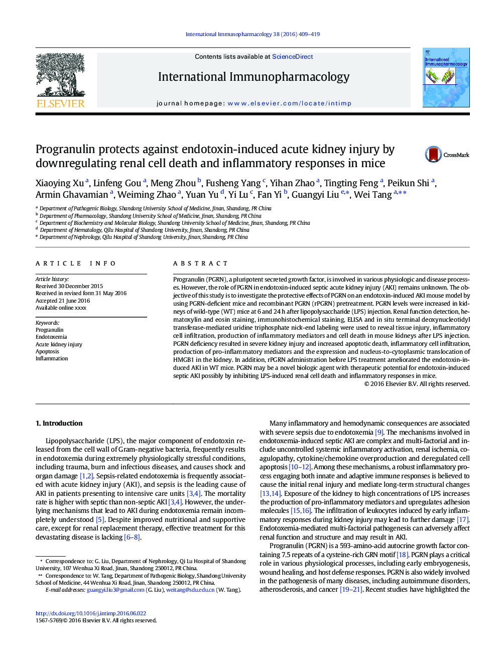 Progranulin protects against endotoxin-induced acute kidney injury by downregulating renal cell death and inflammatory responses in mice