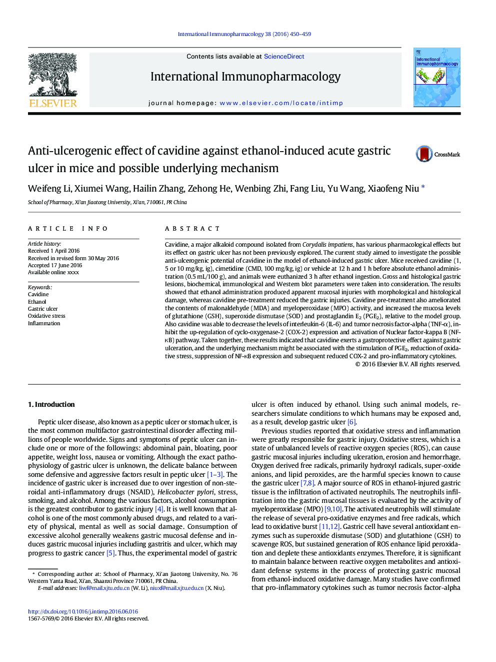 Anti-ulcerogenic effect of cavidine against ethanol-induced acute gastric ulcer in mice and possible underlying mechanism