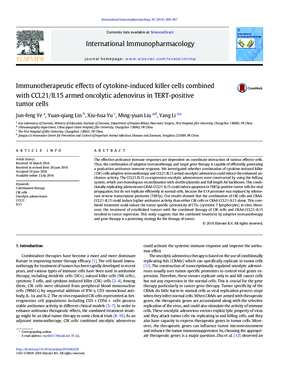 Immunotherapeutic effects of cytokine-induced killer cells combined with CCL21/IL15 armed oncolytic adenovirus in TERT-positive tumor cells