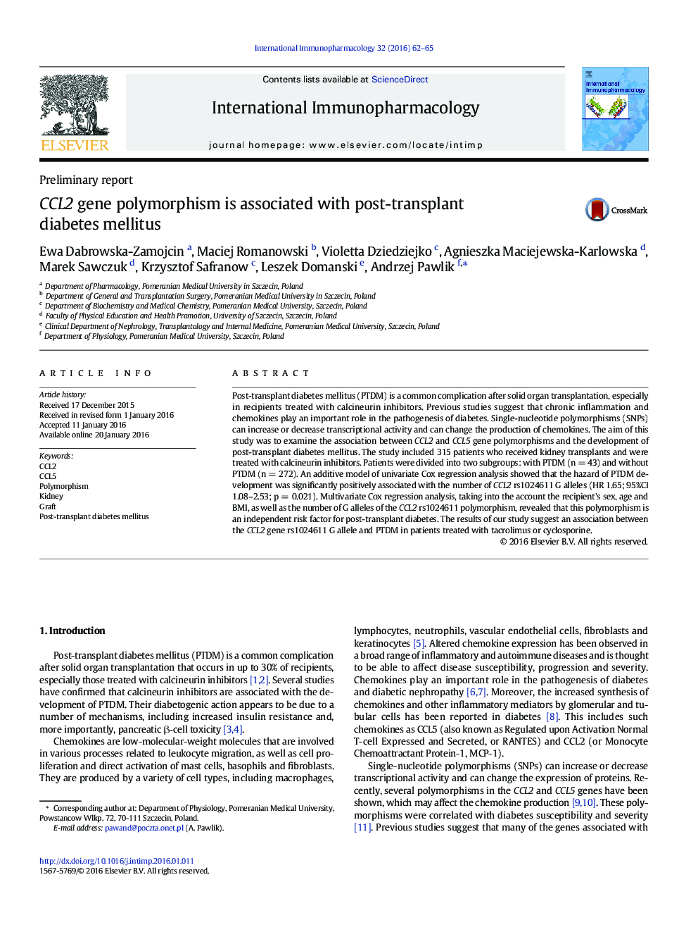 Preliminary reportCCL2 gene polymorphism is associated with post-transplant diabetes mellitus