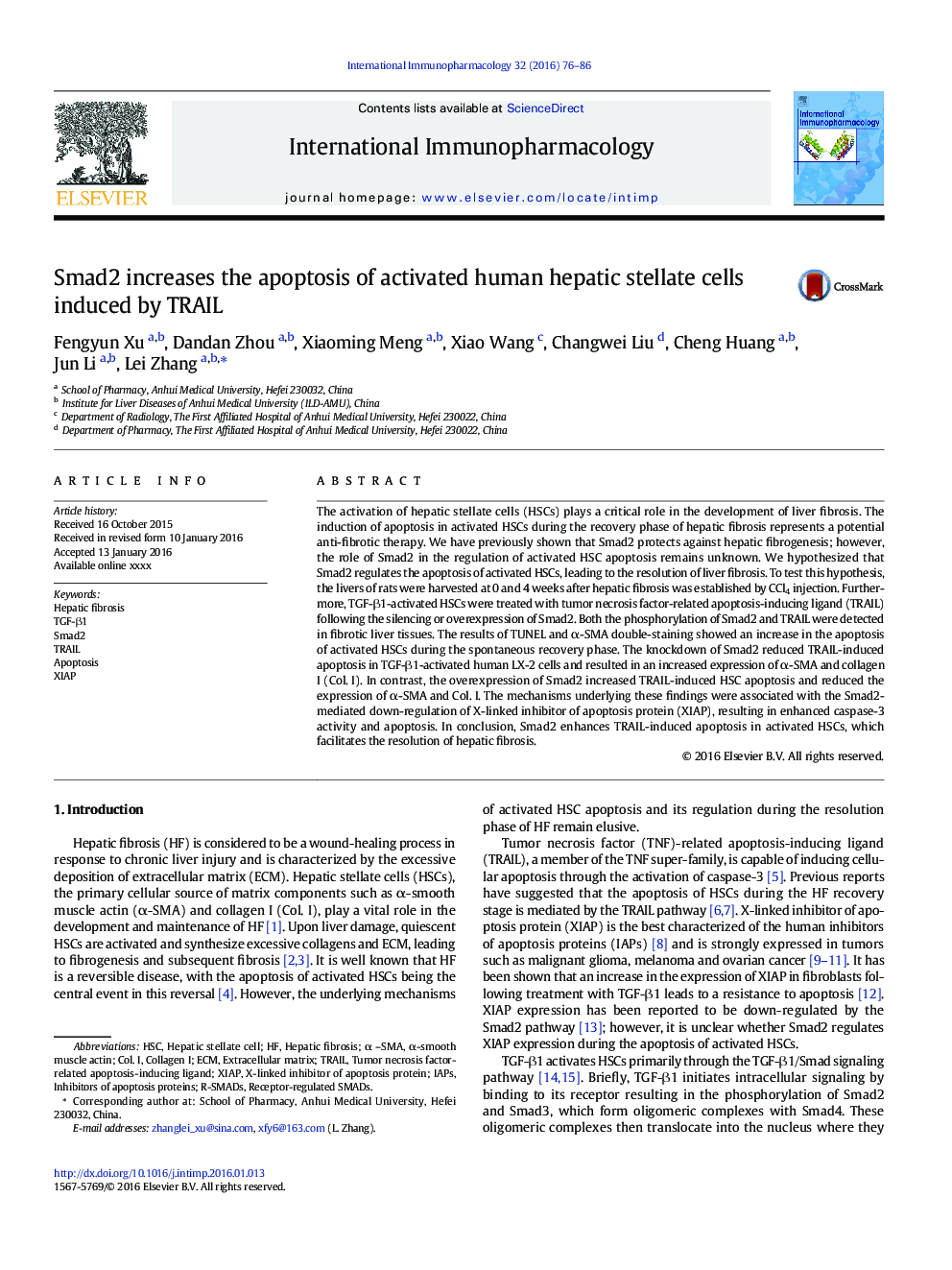 Smad2 increases the apoptosis of activated human hepatic stellate cells induced by TRAIL