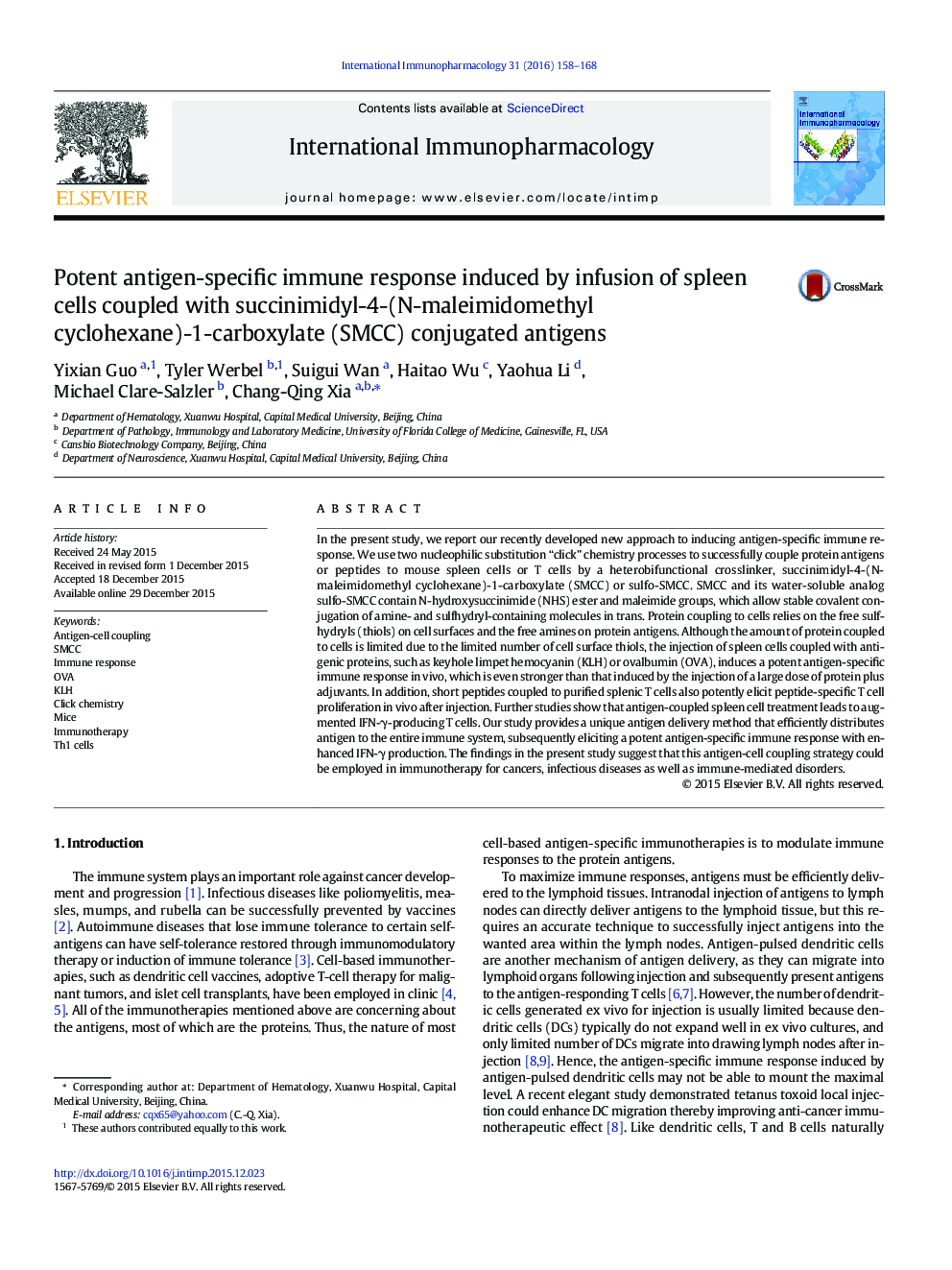 Potent antigen-specific immune response induced by infusion of spleen cells coupled with succinimidyl-4-(N-maleimidomethyl cyclohexane)-1-carboxylate (SMCC) conjugated antigens