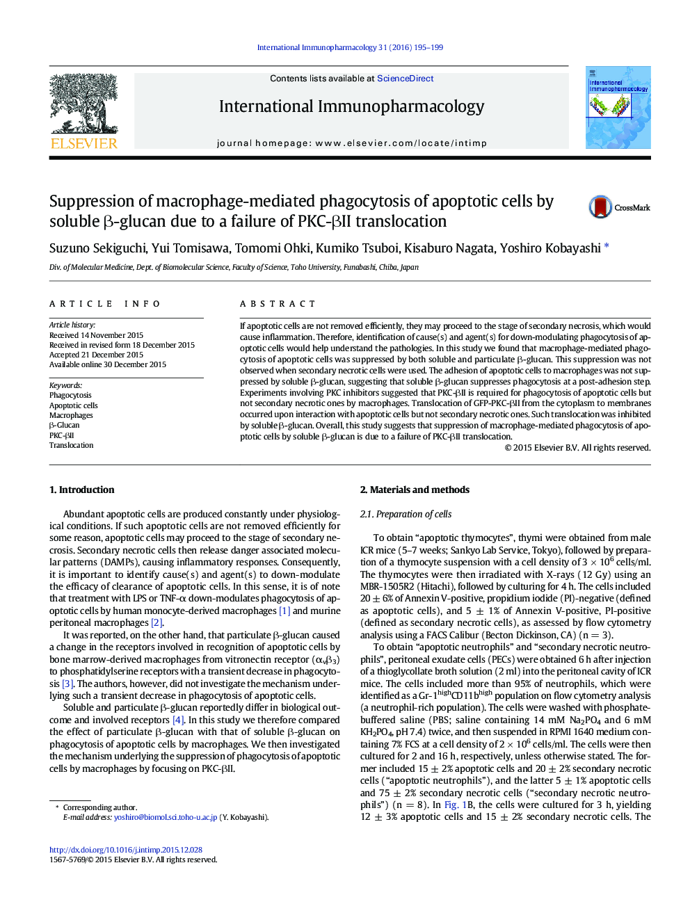 Suppression of macrophage-mediated phagocytosis of apoptotic cells by soluble Î²-glucan due to a failure of PKC-Î²II translocation