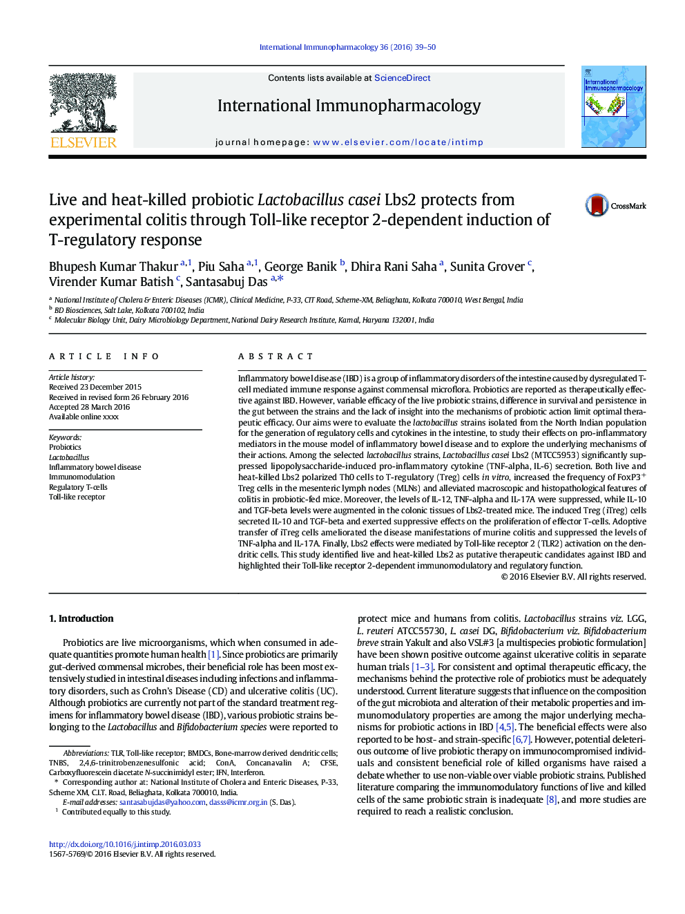 Live and heat-killed probiotic Lactobacillus casei Lbs2 protects from experimental colitis through Toll-like receptor 2-dependent induction of T-regulatory response