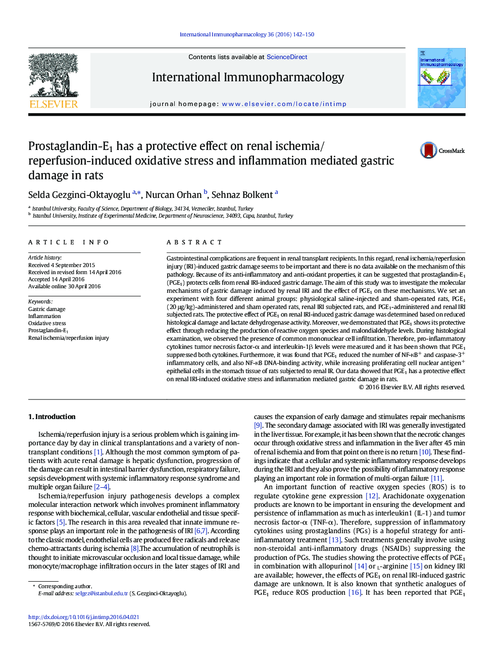 Prostaglandin-E1 has a protective effect on renal ischemia/reperfusion-induced oxidative stress and inflammation mediated gastric damage in rats