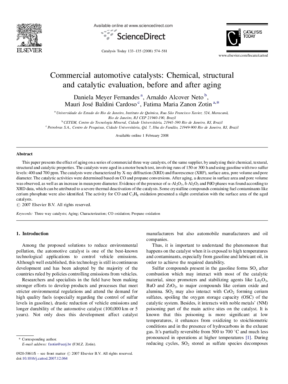 Commercial automotive catalysts: Chemical, structural and catalytic evaluation, before and after aging