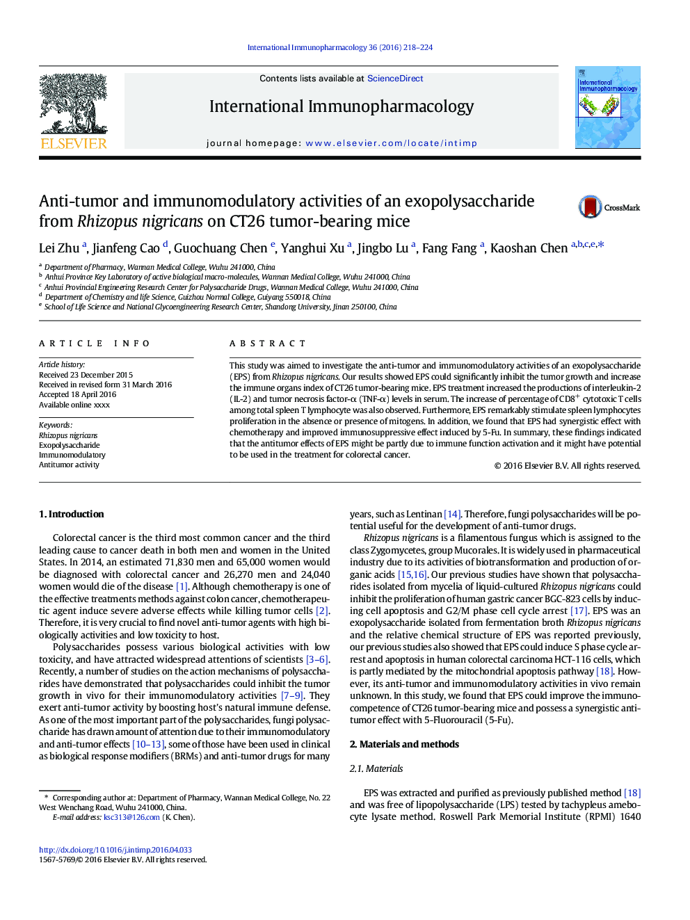 Anti-tumor and immunomodulatory activities of an exopolysaccharide from Rhizopus nigricans on CT26 tumor-bearing mice