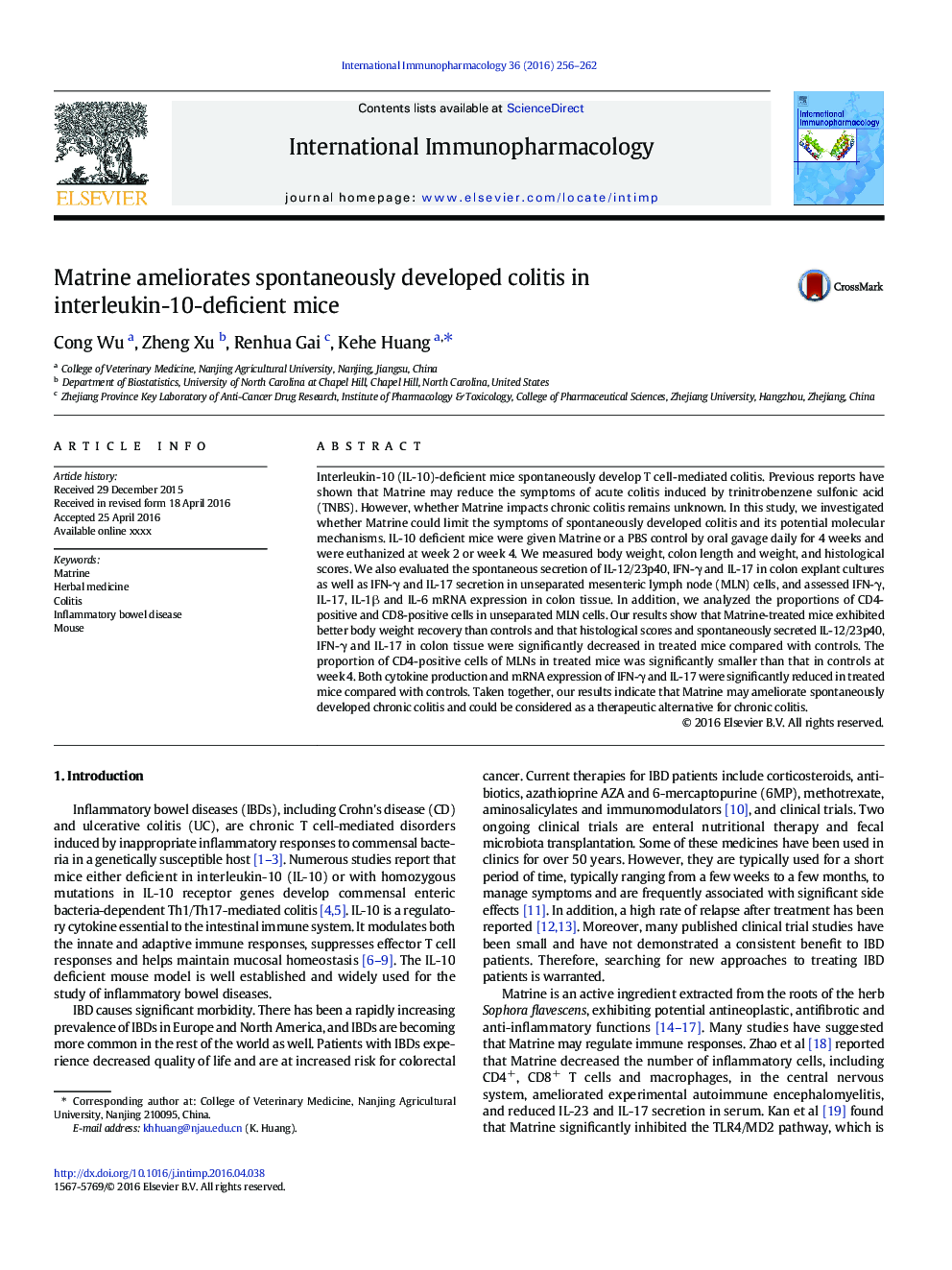 Matrine ameliorates spontaneously developed colitis in interleukin-10-deficient mice