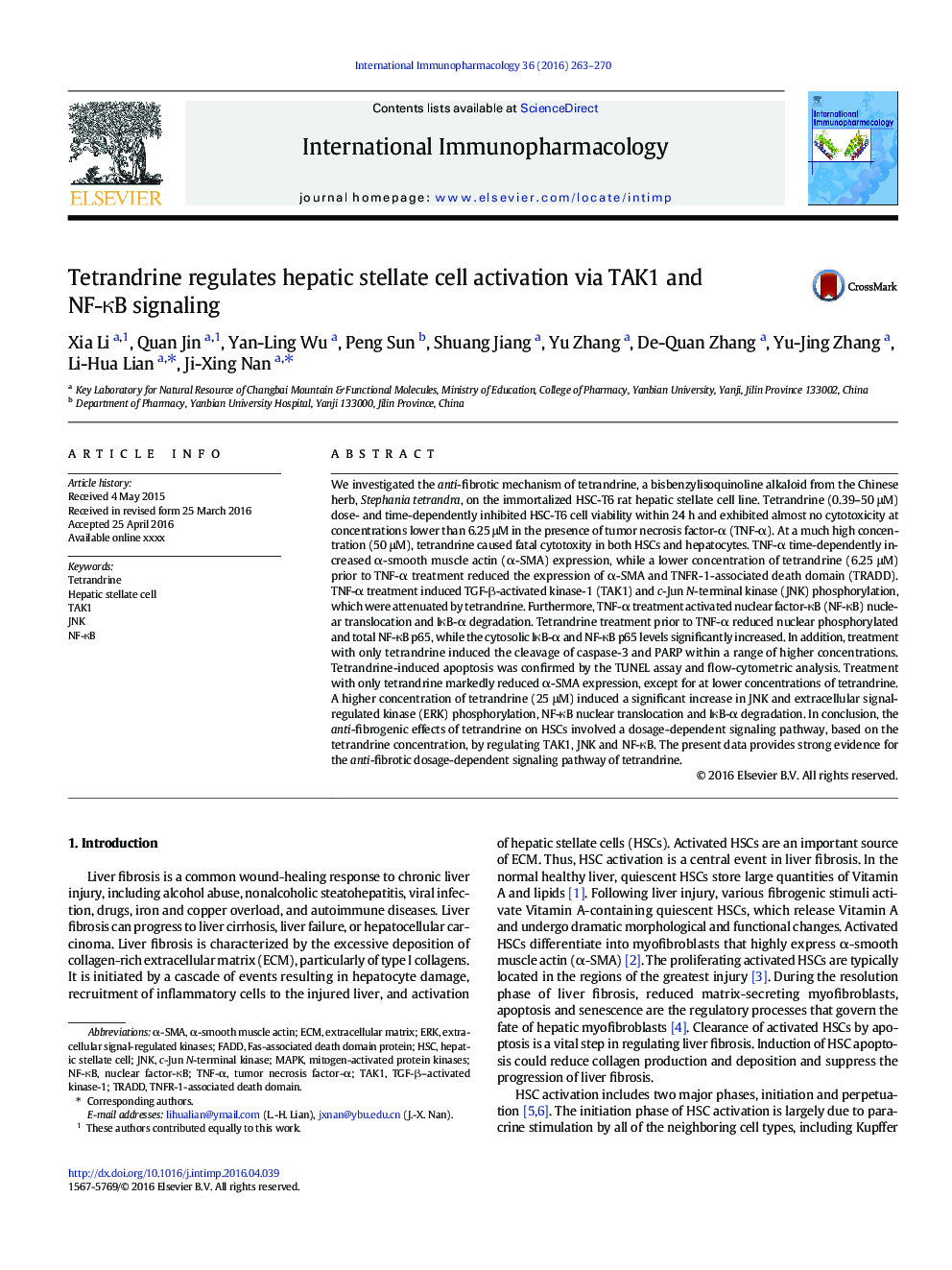 Tetrandrine regulates hepatic stellate cell activation via TAK1 and NF-ÎºB signaling