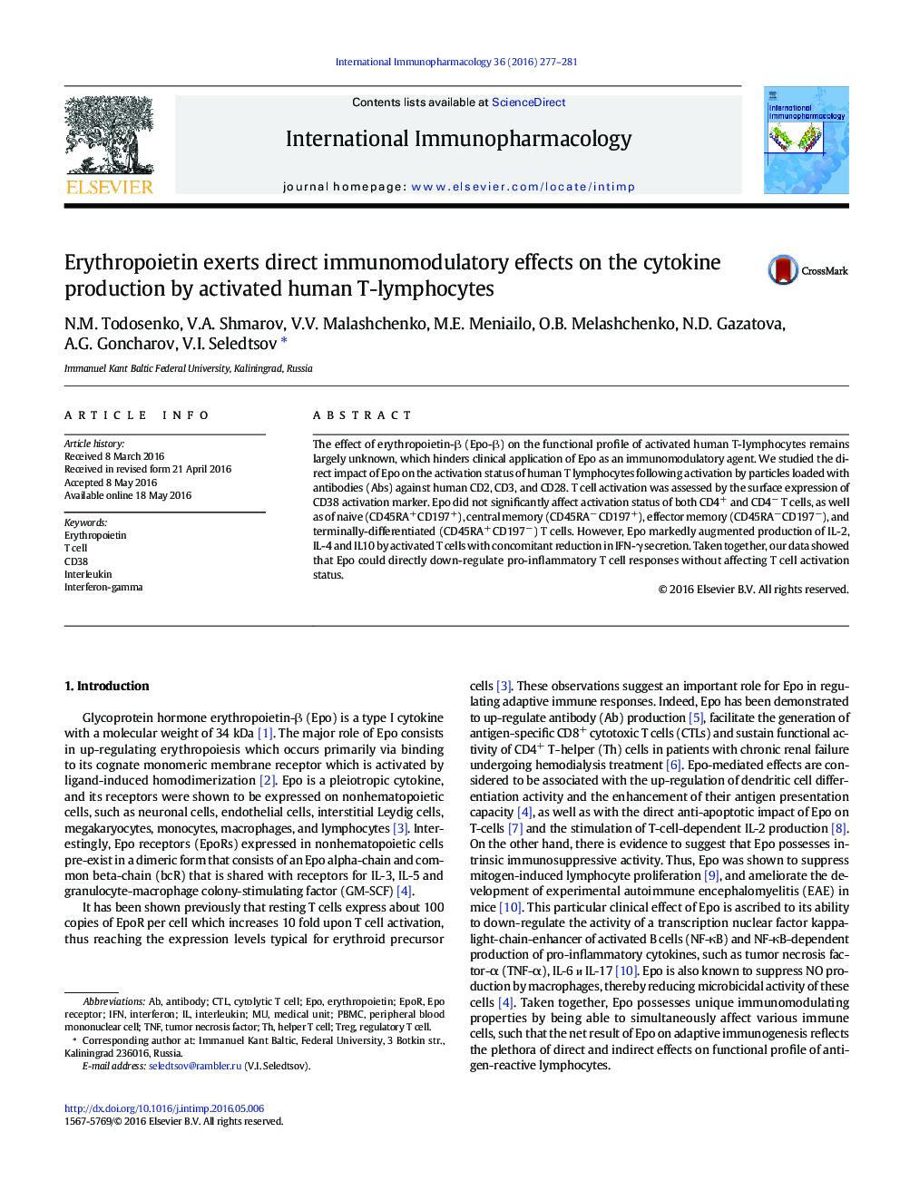 Erythropoietin exerts direct immunomodulatory effects on the cytokine production by activated human T-lymphocytes