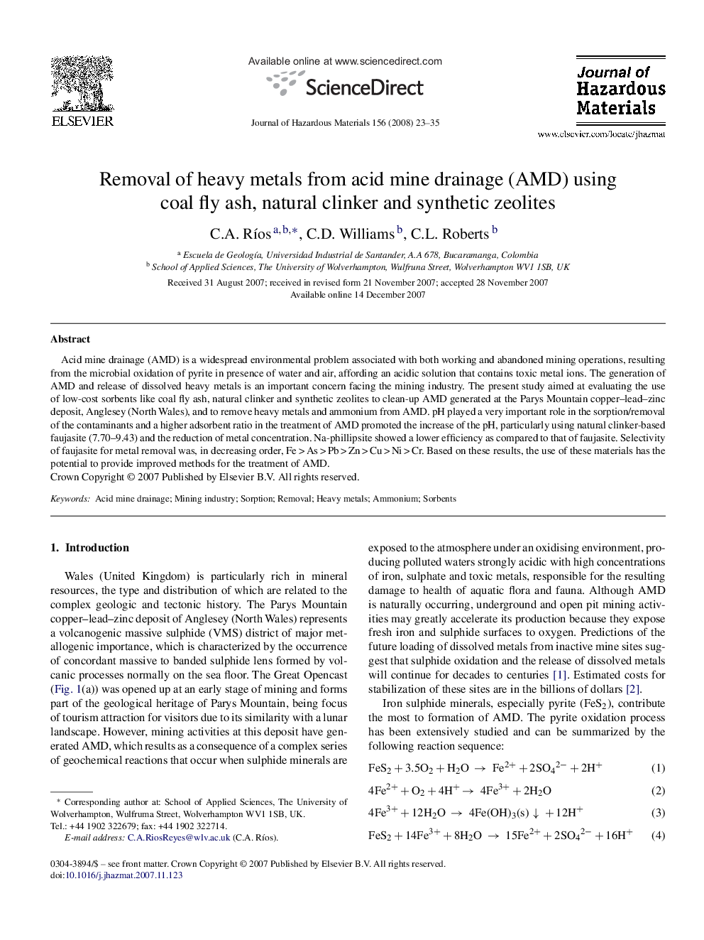 Removal of heavy metals from acid mine drainage (AMD) using coal fly ash, natural clinker and synthetic zeolites