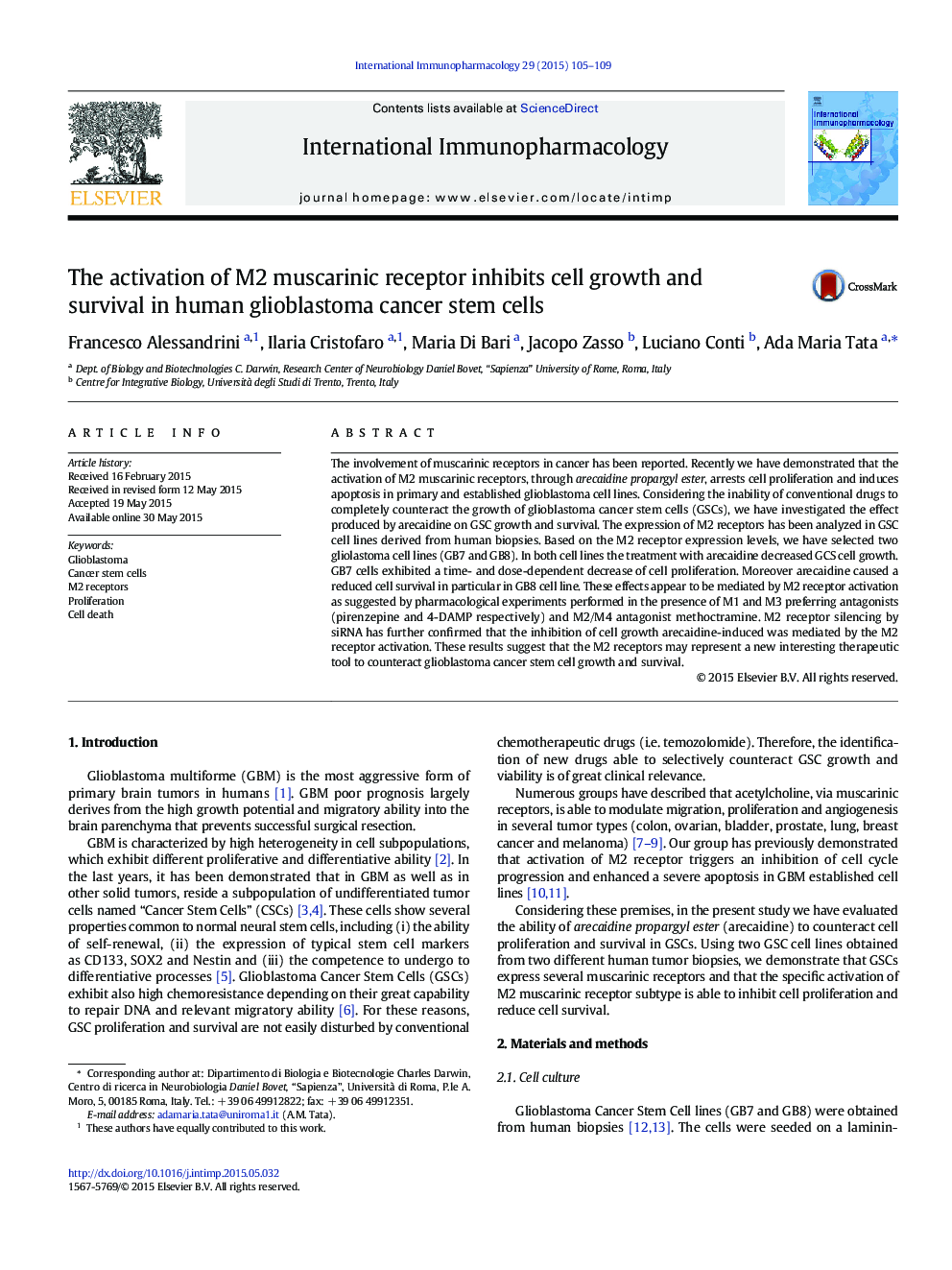 The activation of M2 muscarinic receptor inhibits cell growth and survival in human glioblastoma cancer stem cells