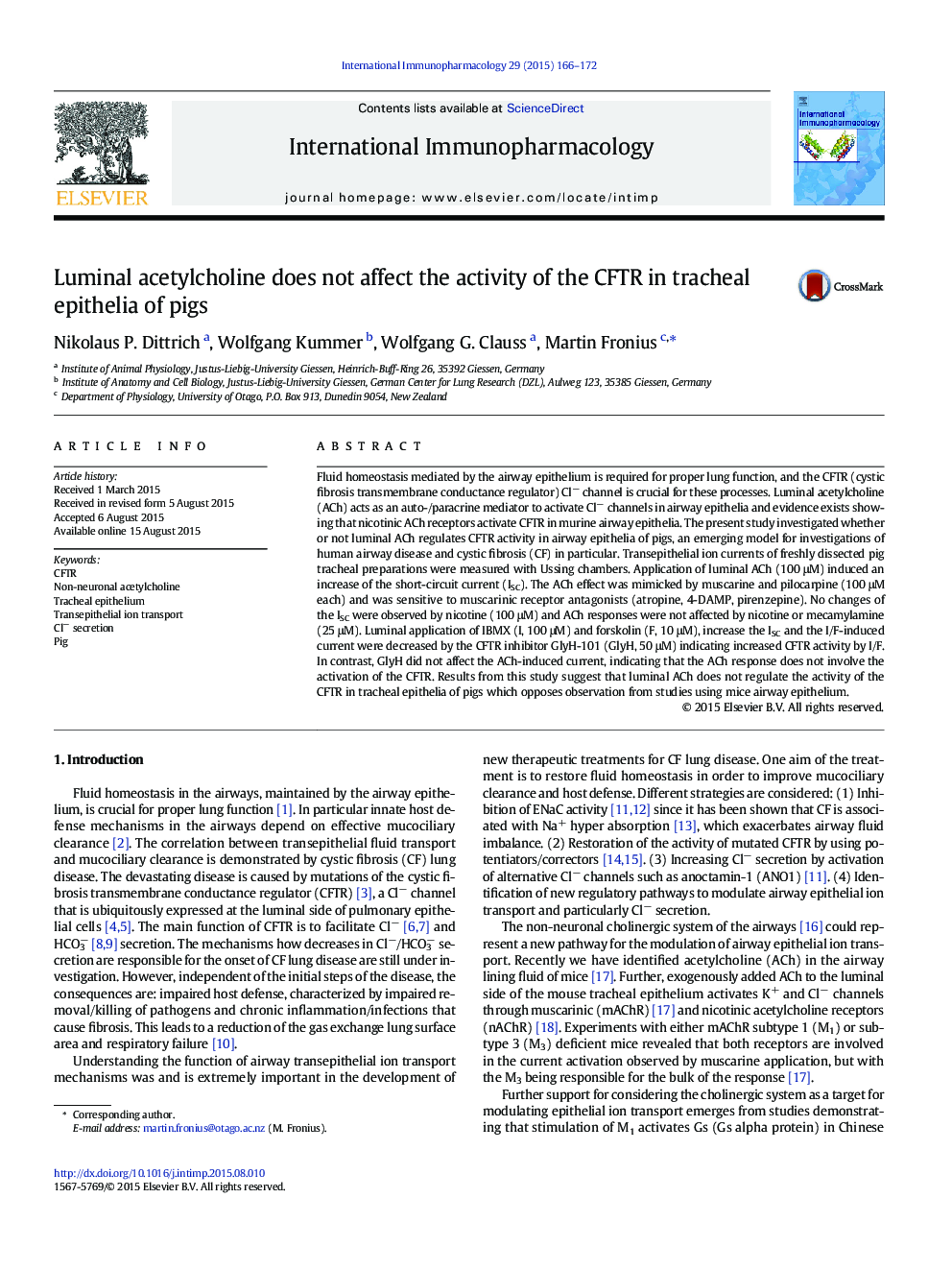 Luminal acetylcholine does not affect the activity of the CFTR in tracheal epithelia of pigs
