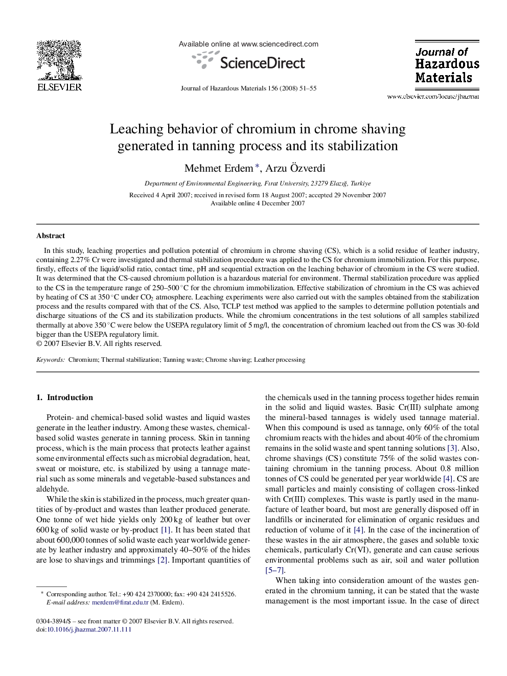 Leaching behavior of chromium in chrome shaving generated in tanning process and its stabilization