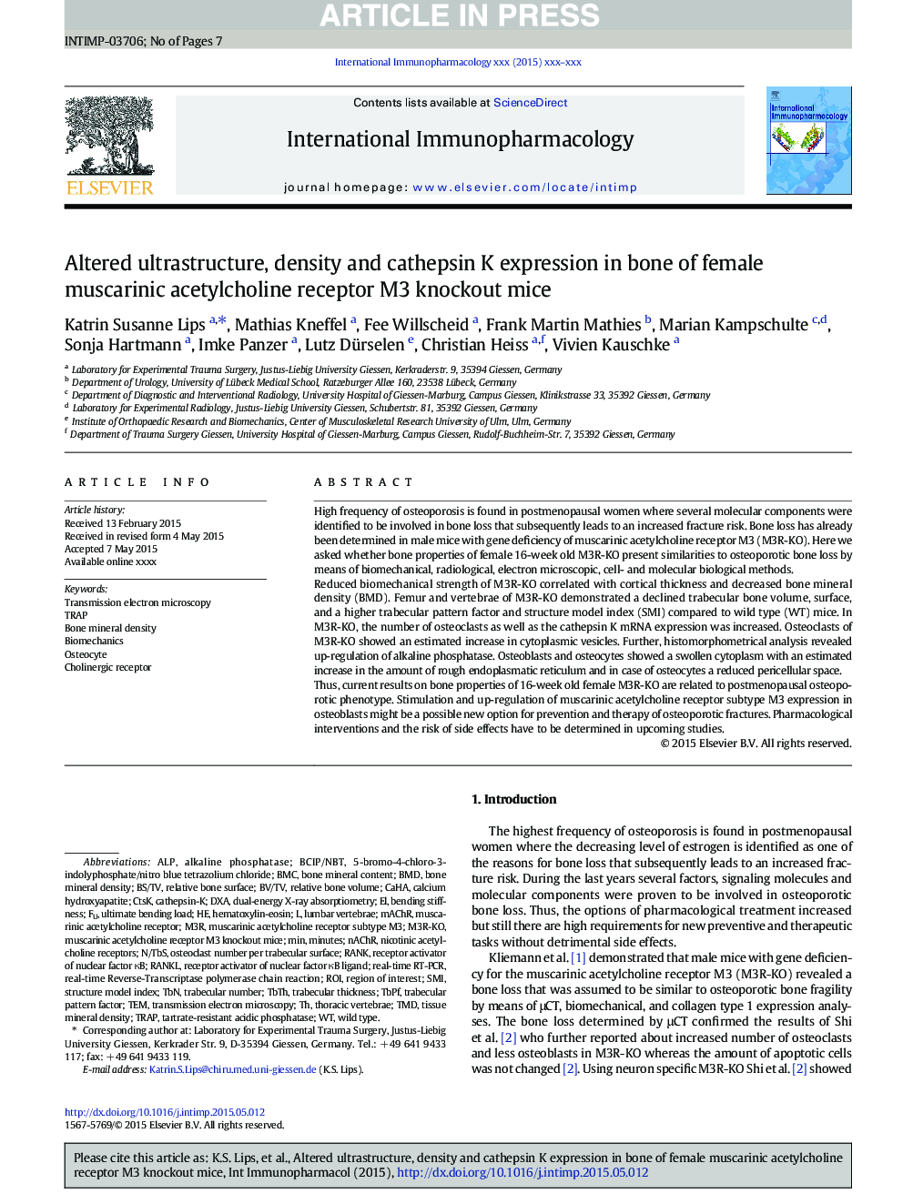 Altered ultrastructure, density and cathepsin K expression in bone of female muscarinic acetylcholine receptor M3 knockout mice