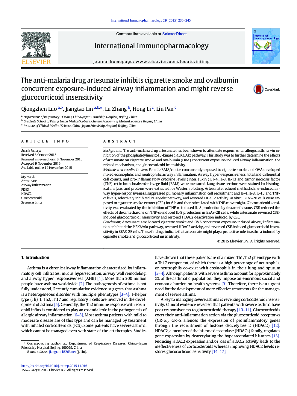 The anti-malaria drug artesunate inhibits cigarette smoke and ovalbumin concurrent exposure-induced airway inflammation and might reverse glucocorticoid insensitivity