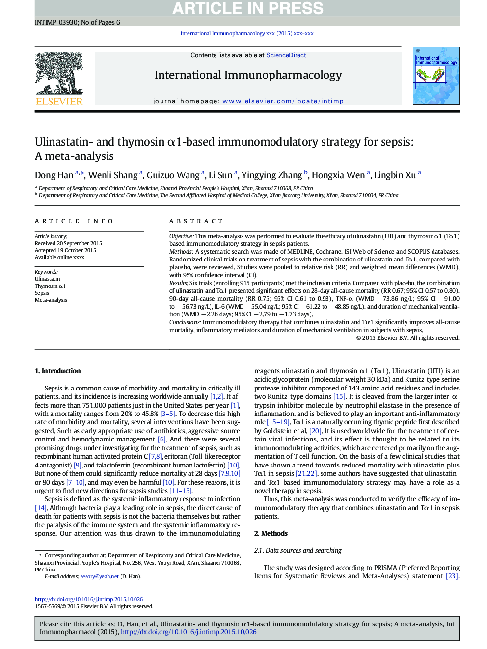 Ulinastatin- and thymosin Î±1-based immunomodulatory strategy for sepsis: A meta-analysis