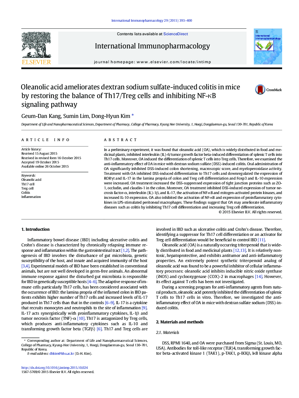 Oleanolic acid ameliorates dextran sodium sulfate-induced colitis in mice by restoring the balance of Th17/Treg cells and inhibiting NF-ÎºB signaling pathway