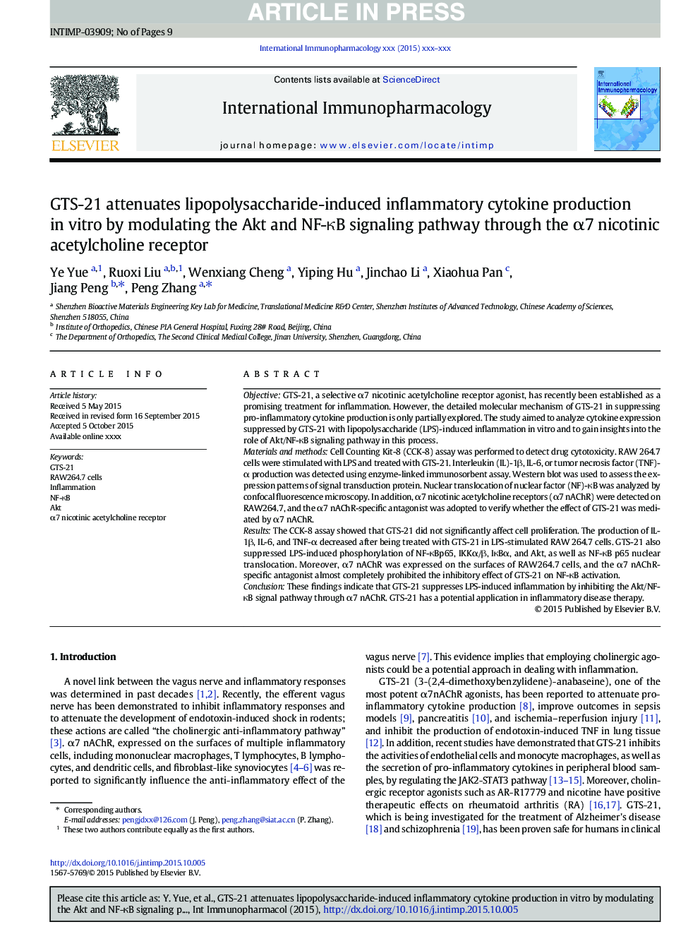 GTS-21 attenuates lipopolysaccharide-induced inflammatory cytokine production in vitro by modulating the Akt and NF-ÎºB signaling pathway through the Î±7 nicotinic acetylcholine receptor