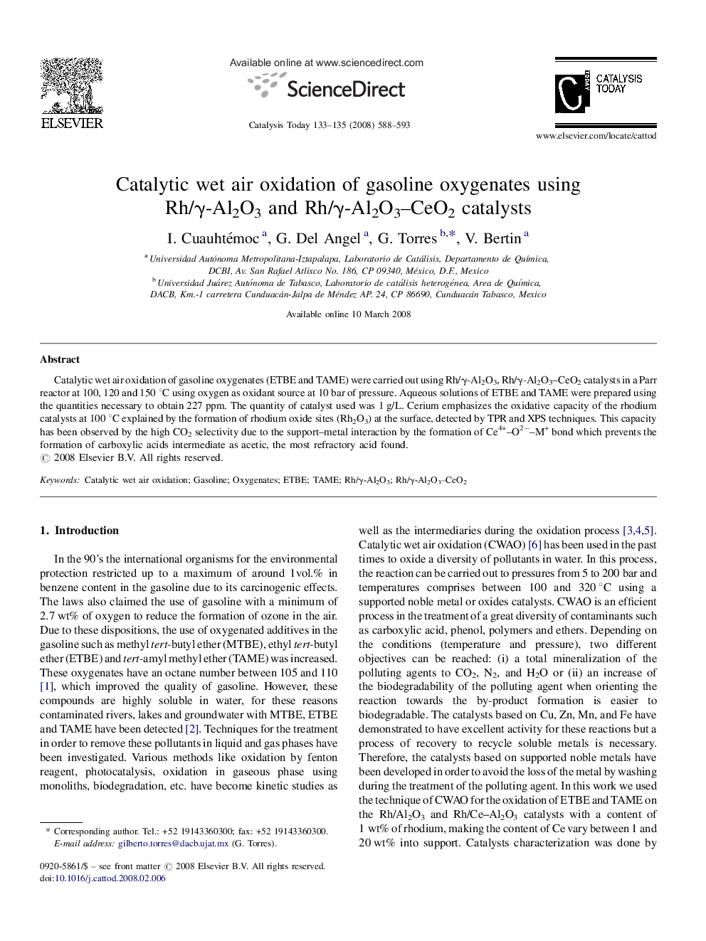 Catalytic wet air oxidation of gasoline oxygenates using Rh/γ-Al2O3 and Rh/γ-Al2O3–CeO2 catalysts