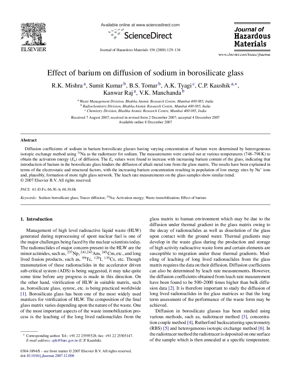Effect of barium on diffusion of sodium in borosilicate glass