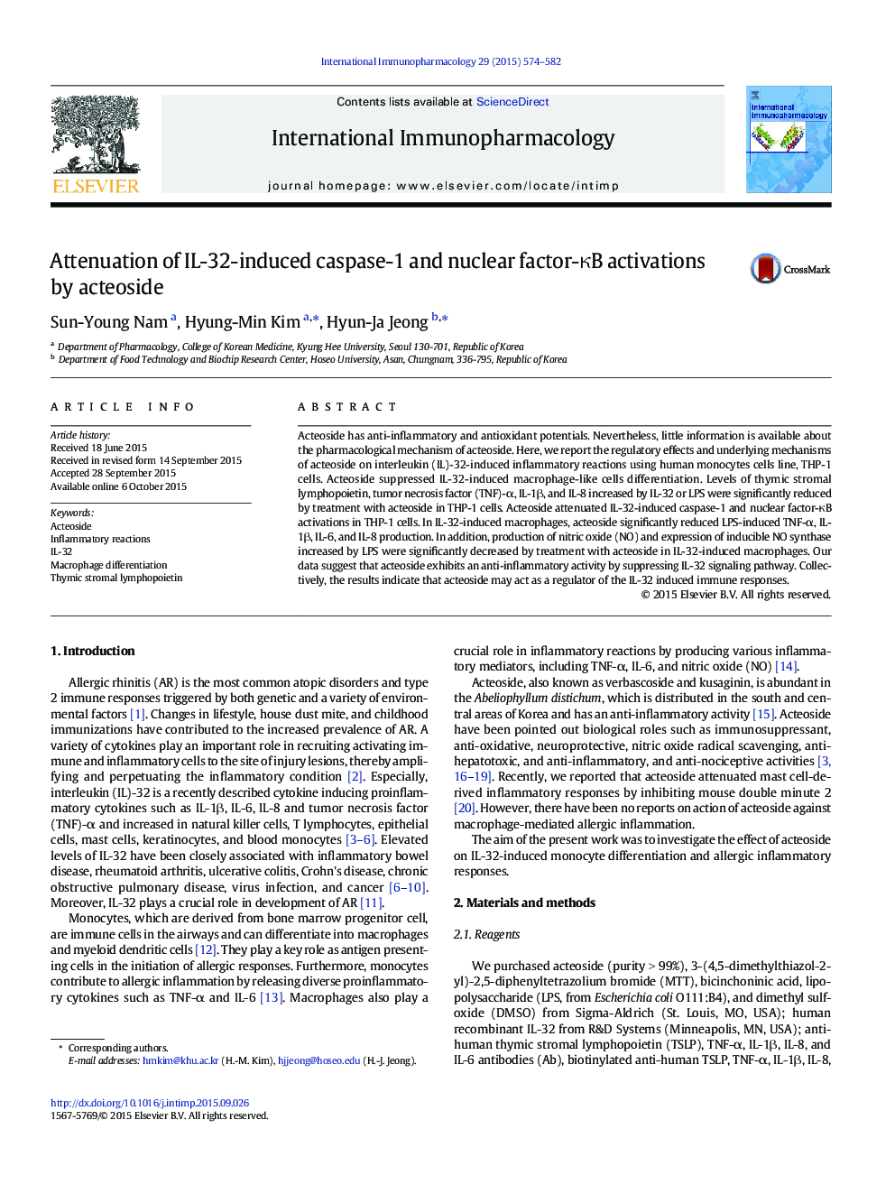 Attenuation of IL-32-induced caspase-1 and nuclear factor-ÎºB activations by acteoside