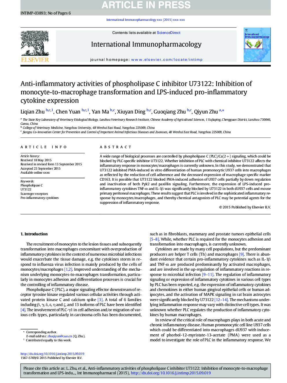 Anti-inflammatory activities of phospholipase C inhibitor U73122: Inhibition of monocyte-to-macrophage transformation and LPS-induced pro-inflammatory cytokine expression