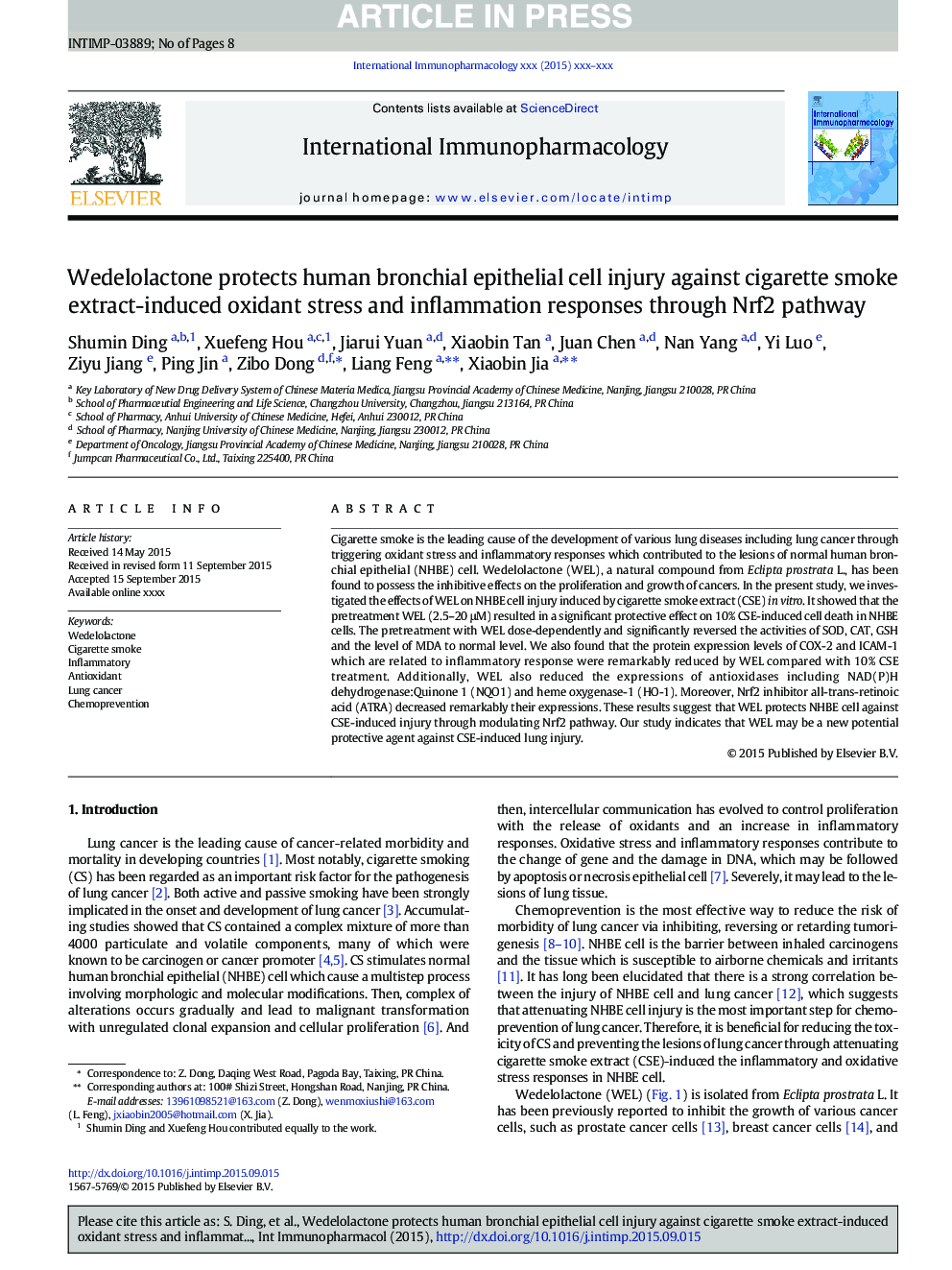 Wedelolactone protects human bronchial epithelial cell injury against cigarette smoke extract-induced oxidant stress and inflammation responses through Nrf2 pathway