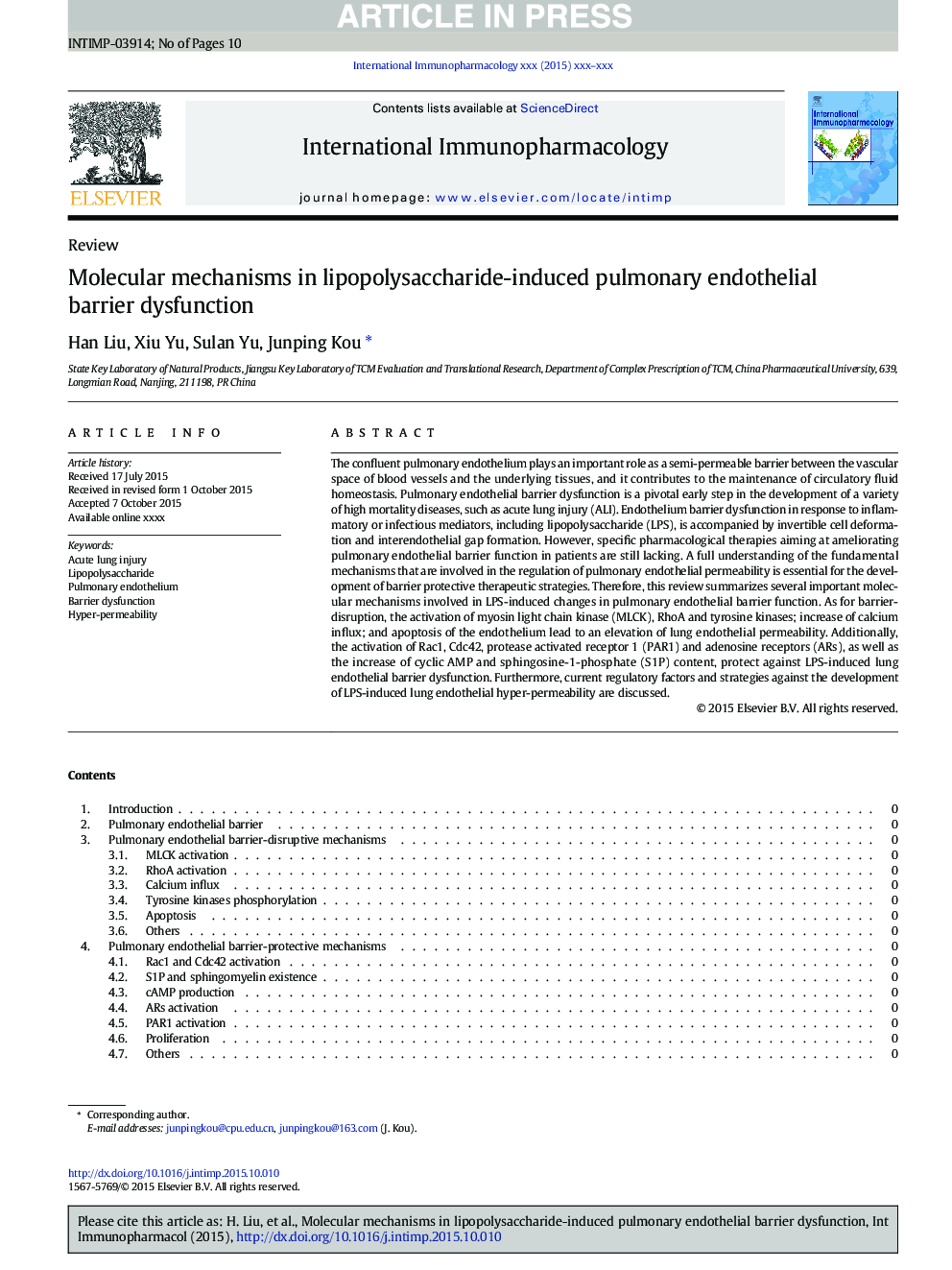 Molecular mechanisms in lipopolysaccharide-induced pulmonary endothelial barrier dysfunction