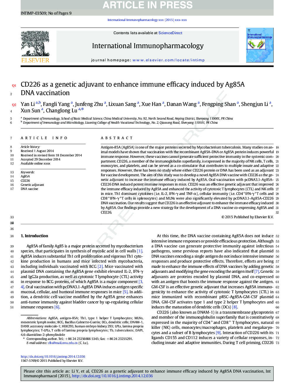 CD226 as a genetic adjuvant to enhance immune efficacy induced by Ag85A DNA vaccination