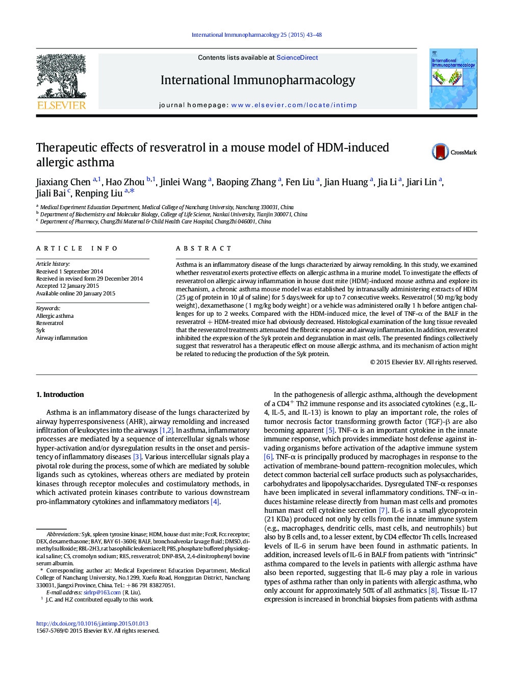 Therapeutic effects of resveratrol in a mouse model of HDM-induced allergic asthma